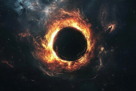 A stunning depiction of a black hole surrounded by fiery cosmic elements in deep space, capturing the mystery of the universe.
