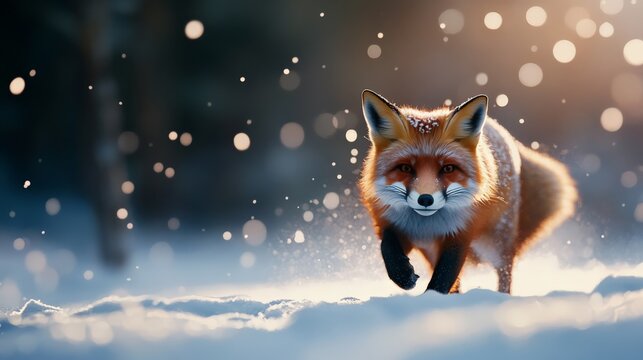 A beautiful red fox walking through a snowy landscape with sparkling bokeh lights in the background during a winter day.