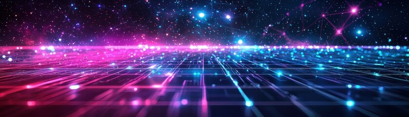 Obraz premium A vibrant digital landscape with colorful lights, featuring a futuristic grid design against a starry background.