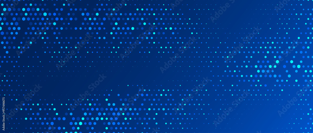 Poster Blue glowing hexagon texture. Abstract hexagonal grid gradient background. Navy honeycomb pattern backdrop. Modern business, science, healthcare, medicine, technology, presentation wallpaper. Vector