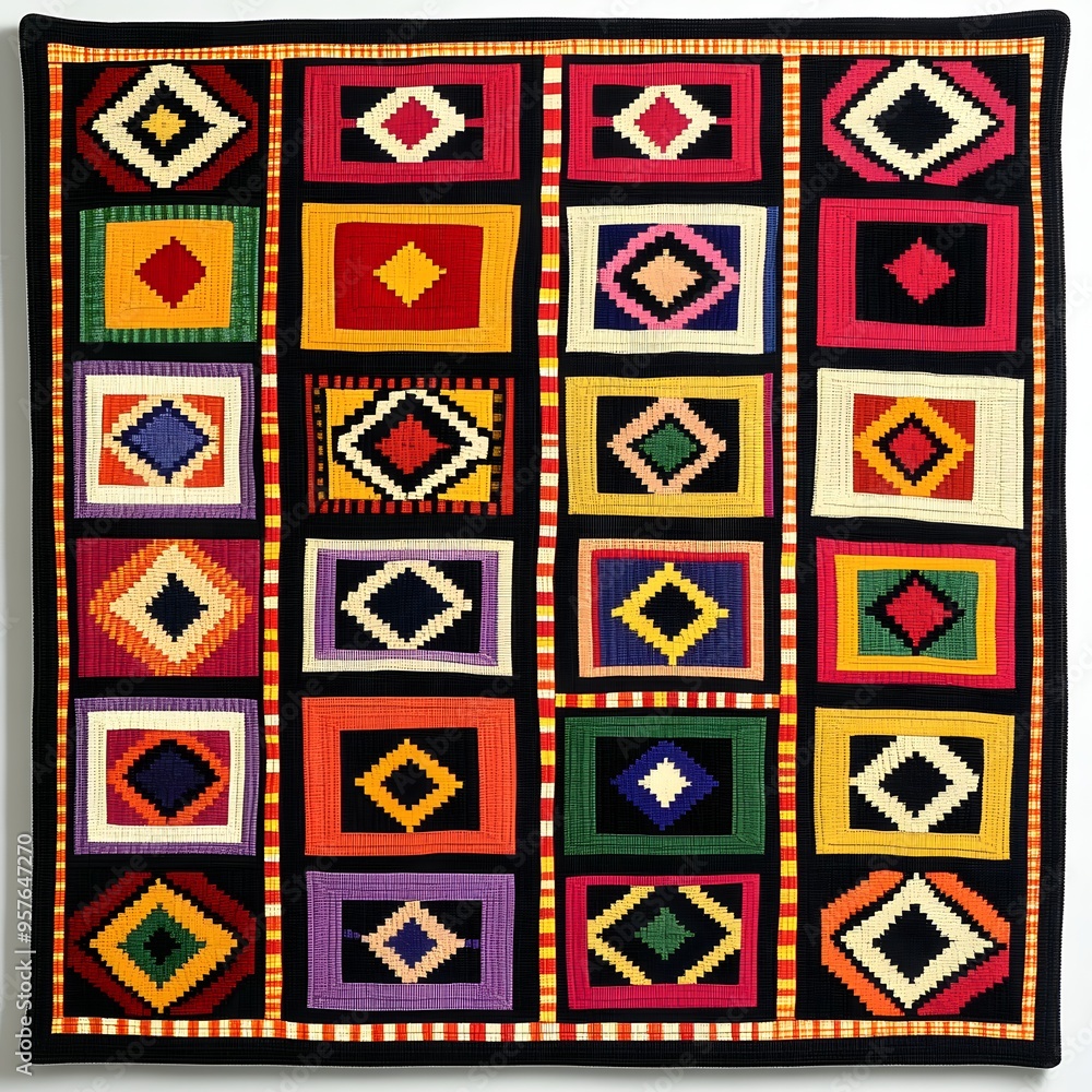 Poster 20. **welsh tapestry pattern with interlocking squares and bold colors.**