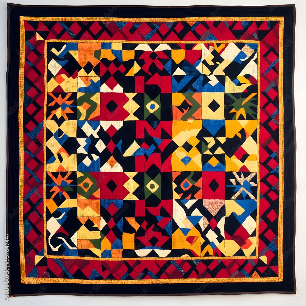 Poster 20. **welsh tapestry pattern with interlocking squares and bold colors.**