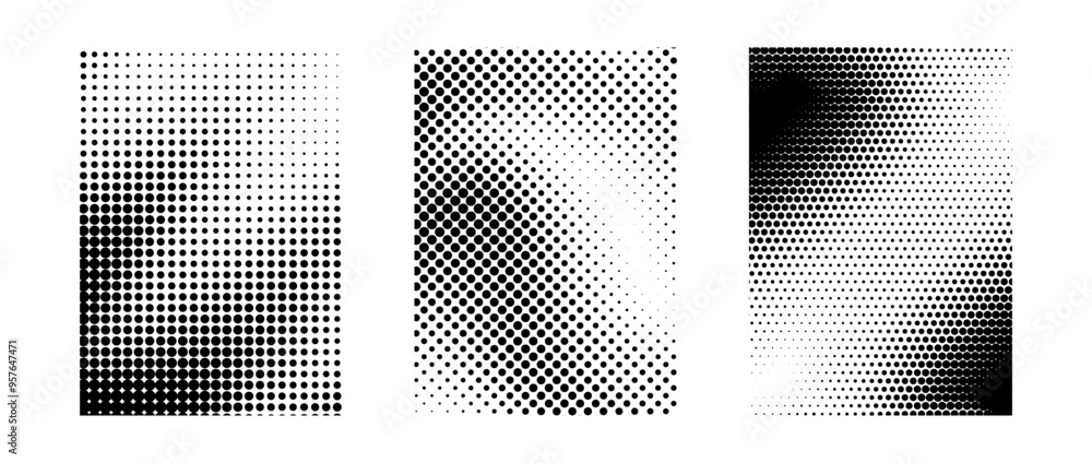 Poster grunge halftone gradient background set. black grit sand noise texture collection. retro dotted pixe