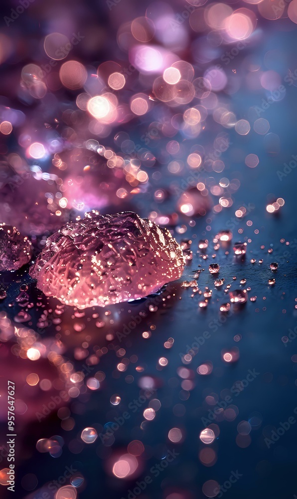Poster Macro photography of water drops with pink and purple bokeh effect creating dreamy abstract background with reflections and sparkles. Perfect for romantic or magical design projects.