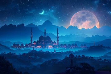 Magical night view of illuminated mosque silhouette against mystical blue sky with giant moon and stars, perfect for Ramadan and Islamic holiday designs.