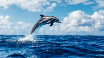 Fototapeta premium A dolphin leaping out of the ocean under a vibrant sky, showcasing the beauty and agility of marine life.