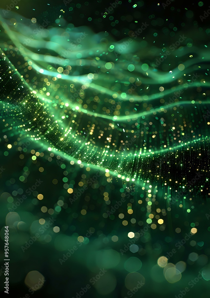 Poster mesmerizing abstract visualization of glowing green particles and light waves flowing through space,