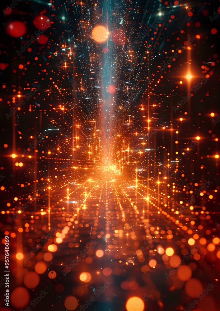 Poster stunning abstract visual of glowing orange particles and digital light beams converging towards a ce