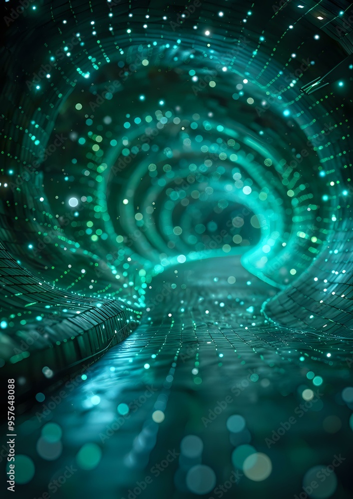 Poster a futuristic tunnel-like structure with glowing particles and lights, creating a sense of depth and 
