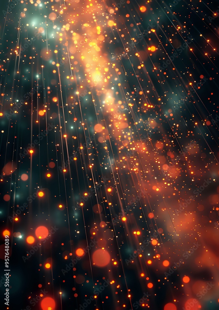 Poster a dazzling abstract display of glowing particles and light rays, creating a dynamic and futuristic v