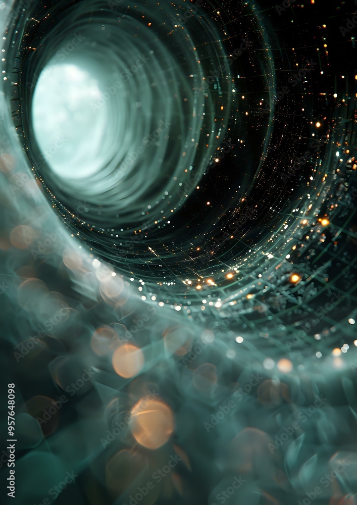 Poster a futuristic tunnel-like structure with glowing particles and lights, creating a sense of depth and 