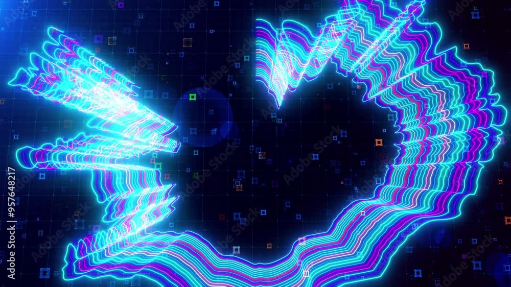 Poster motion view of iceland map outlined with neon lines, dynamically glowing on a futuristic grid backgr
