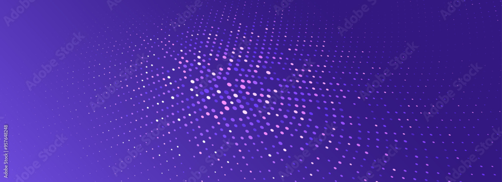 Poster purple glowing dotted texture. abstract dot grid wallpaper. curved halftone pattern background. mode