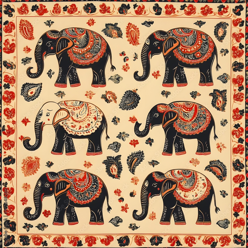 Poster 13. **indian block print pattern with elephants and paisleys.**