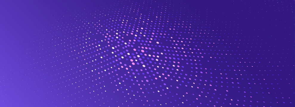 Purple glowing dotted texture. Abstract dot grid wallpaper. Curved halftone pattern background. Modern technology, business, science, healthcare, medicine, presentation design backdrop. Vector