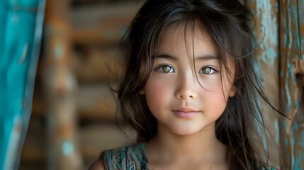 Obraz premium Portrait of young Asian girl with natural beauty, messy dark hair and innocent expression looking directly at camera. Perfect for childhood, innocence, and authentic lifestyle concepts.