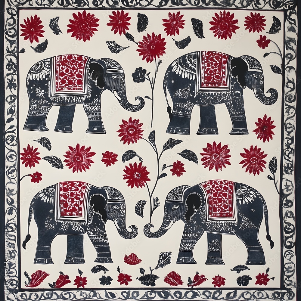 Poster 13. **indian block print pattern with elephants and paisleys.**