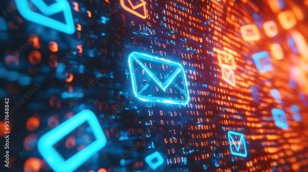 Poster digital mailbox: email symbols glowing against a binary code background