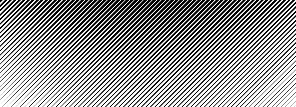 Slant line halftone gradation texture. Fading diagonal stripe gradient background. Vector oblique pattern backdrop. Black thin parallel line vanish wallpaper for overlay, print, cover, graphic design