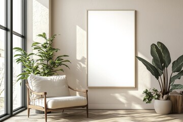 Poster Frame in Beige minimalist living room interior created with generative AI