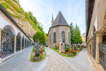 Naklejka premium The ancient catacombs and medieval Margaret Chapel, or Margarethen Kapelle, in Saint Peter's Petersfriedhof Cemetery and Catacombs, Salzburg Austria.