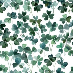 Obraz premium A seamless pattern of green clovers in various shades, spread across a white background. Perfect for St. Patrick's Day designs, textile prints, and nature-themed decor.