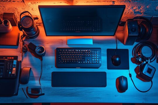 A well-equipped gaming desk featuring a computer monitor, keyboard, and accessories illuminated by vibrant blue and orange lighting