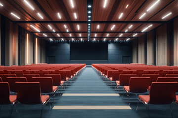 Naklejka premium Conference Readiness: Inside a Vacant Conference Hall Interior