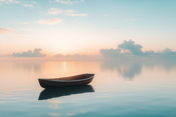 Naklejka premium Serenity on Water: Minimalist Raft Drifting on a Tranquil Lake