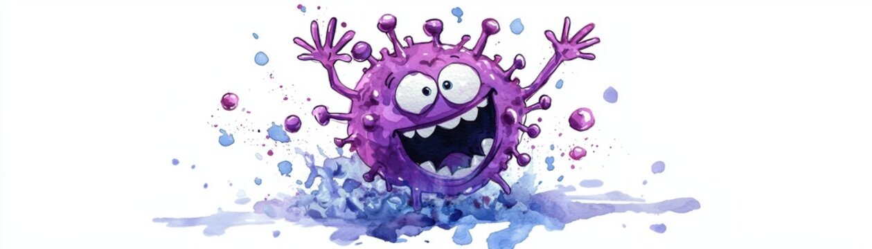 A cheerful purple virus character splashes in vibrant colors, representing fun and prevention in health-related themes.