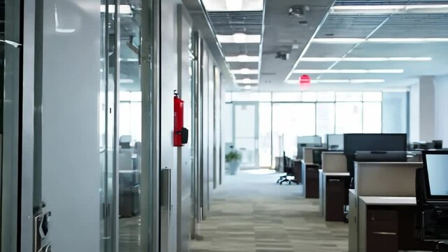 Exploring a modern office space with fire safety equipment and empty workstations during business hours