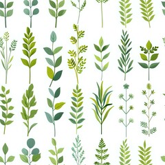  seamless botanical pattern featuring various green leaves and plants in a minimalist style. Ideal for nature-inspired designs, eco-friendly packaging, fabric, or stationery. Tiled for continuous back