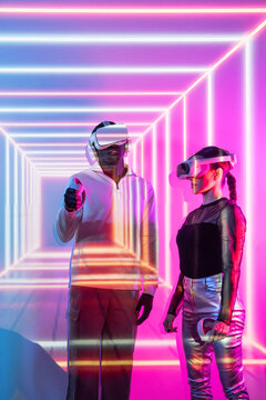 Immersive virtual reality experience with futuristic neon lights
