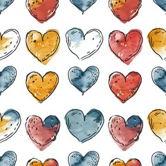 seamless pattern of hand-drawn hearts in vibrant colors with sketch-like details. Perfect for Valentine's Day designs, greeting cards, gift wrap, or children's decor. Tiled for continuous