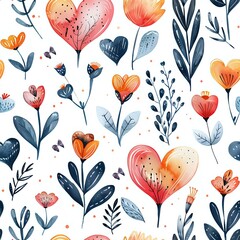 seamless floral pattern featuring delicate watercolor-style flowers and heart-shaped petals. Ideal for spring-themed designs, fabrics, wedding decor, or romantic stationery. Tiled for continuous