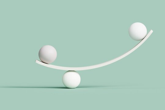 Minimalist Illustration of White Spheres Balancing on a Curved Surface