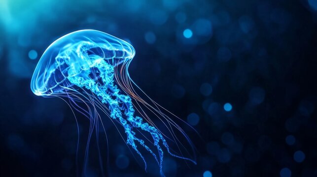 A mesmerizing bioluminescent jellyfish glows in the dark ocean, showcasing its delicate tentacles and ethereal beauty underwater.