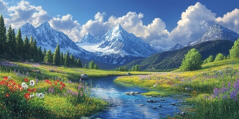 Fototapeta premium A serene alpine meadow with wildflowers in bloom, a crystal-clear stream, and towering peaks in the background 