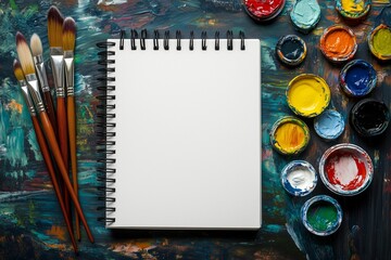 A collection of paintbrushes and vibrant paints beside a blank sketchbook on a colorful artist's workspace