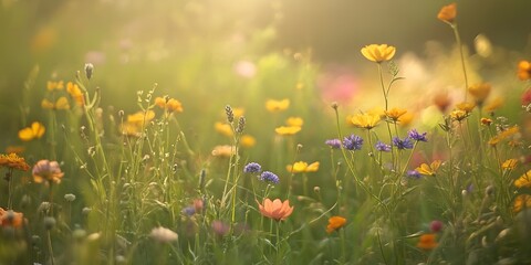A field of wildflowers in a natural setting, with a mix of colors creating a lively and harmonious scene 
