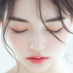 Obraz premium A serene close-up of an asian young woman with downcast eyes, soft makeup, and delicate features, exuding calm and tranquility.