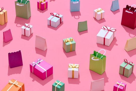 Pattern with stylish gift on a trendy pink background.