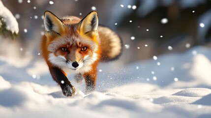 Obraz premium A red fox dashes through the snow-covered landscape, its fur blending beautifully with the winter environment and falling snowflakes.