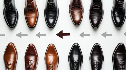 The Right Choice: Rows of meticulously crafted men's dress shoes with arrows converging on a single pair, highlighting the concept of decision-making in footwear and style. 