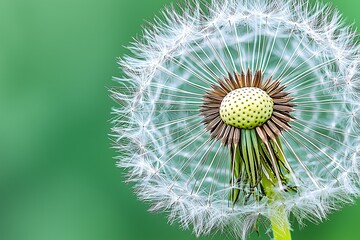 Close-up of dandelion seed head against vibrant green background