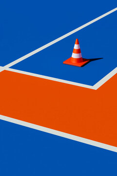 Traffic cone on blue and orange surface