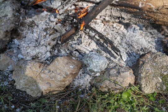 Foil-Wrapped Meal Cooking in Campfire Ashes.Foil-Wrapped Food Cooking 