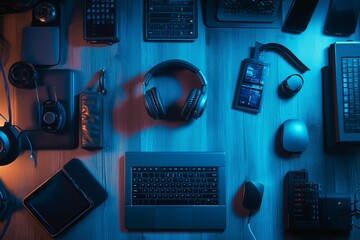 Aerial view of a modern workspace with gadgets and accessories in ambient blue lighting during evening hours