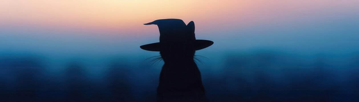 Dark and eerie black cat in a witch hat silhouette at twilight, flat design, front view, ghostly figure theme, water color, Triadic Color Scheme