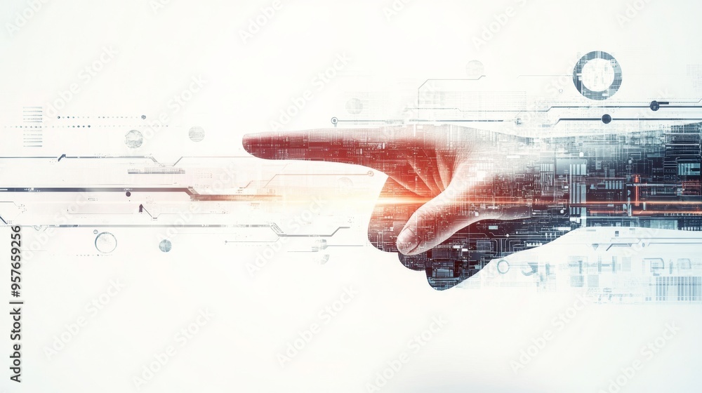 Poster technologically driven future: a human hand with integrated circuitry points towards a bright, digit